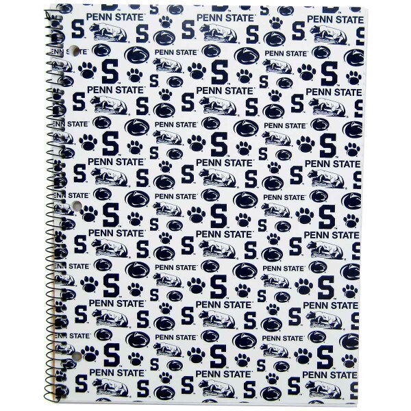 white spiral bound notebook with assorted navy Penn State logos all over